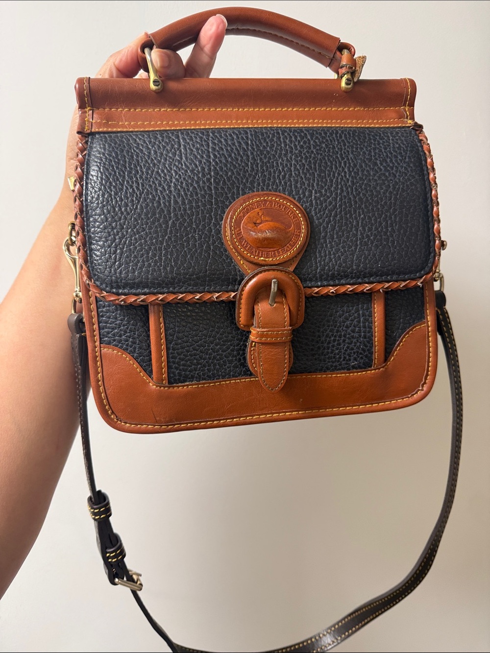 Vintage Blue and Brown Leather Top-Handle Satchel
